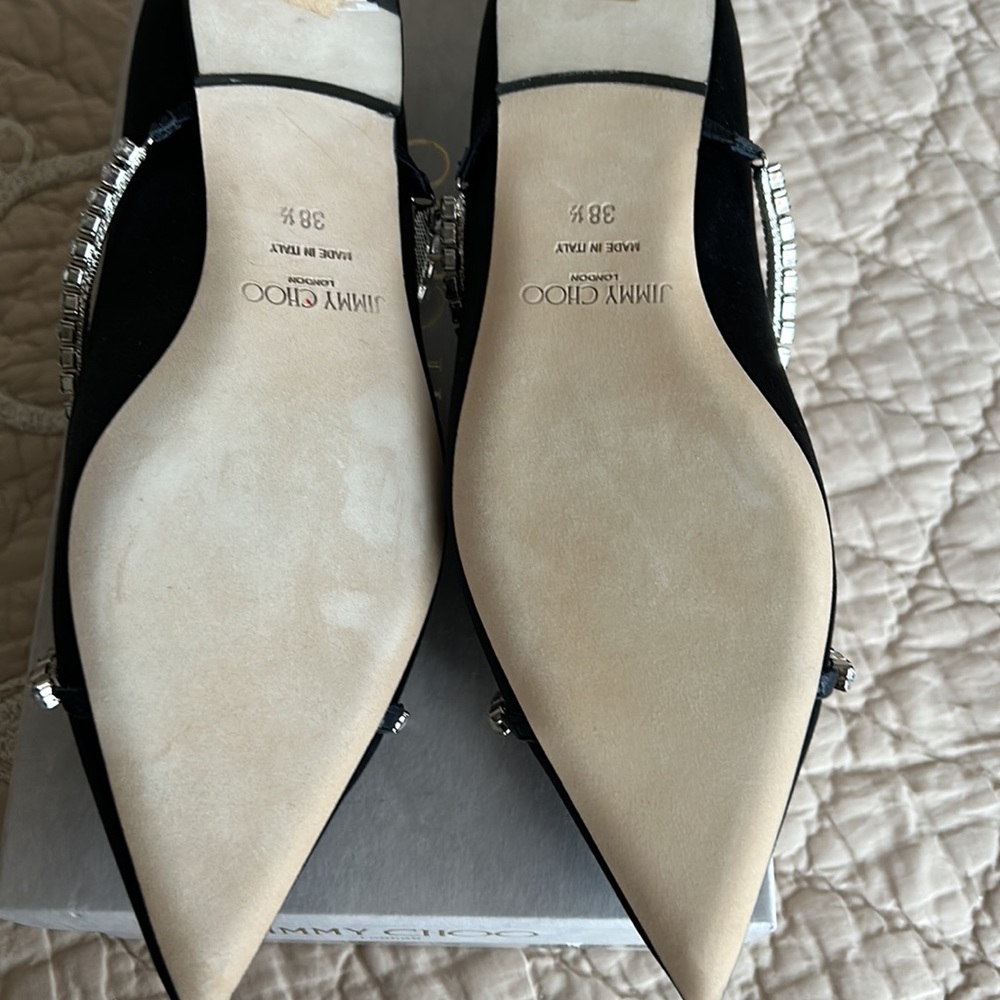 Jimmy Choo Black Satin Pointed Flats with Crystal Cross-Strap Detail - Picture 6 of 8